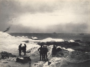 FRANK HURLEY: "The Day Of Rescue, The Fog Rolls Back, The Ship Appears, The Many Months Of Weary Waiting Are Almost Over" vintage silver gelatin photograph, 15 x 20cm, laid down on grey card, numbered "11" in the top right corner and titled in manuscript 