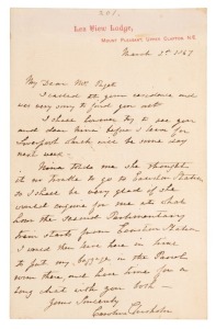 CAROLINE CHISHOLM (1808-1877), March 2nd, 1867, hand-written autographed letter-sheet from Lea View Lodge, Mount Pleasant, Upper Clapton, N.E.; to a Mrs Paget, arranging to meet "for a long chat"; fully signed "Caroline Chisholm" at the end of the note. 