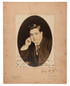 JOHN McCORMACK (Ireland, 1884 - 1945), full pen autograph with dated message "Sydney, Oct. 26th, '11" on a fine photograph of the great tenor while he was in Australia performing with Nellie Melba's Grand Opera Company. Clearly a cricket fan, he has dedic