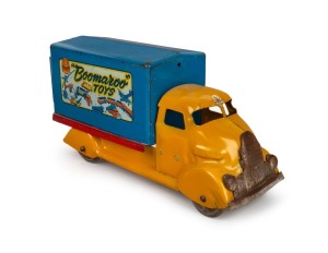 BOOMAROO vintage yellow finished metal toy truck with original decals, mid 20th century, 38cm long