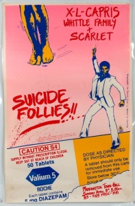 "X-L-CAPRIS, WHITTLE FAMILY + SCARLET. SUICIDE FOLLIES!!" Late 1970s poster by Earthworks Poster Collective Sydney, produced for a rock and roll concert at the Paddington Town Hall, all proceeds to go to the South Sydney Women's Centre. Screenprint on paper, laminated, 90 x 58cm