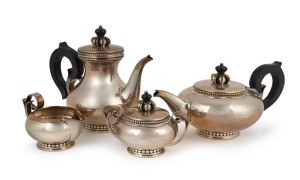 LA PAGLIA design four piece sterling silver tea set, 20th century, stamped "INTERNATIONAL STERLING, LA PAGLIA", the largest 22cm high, 3126 grams total including timber handles and finials