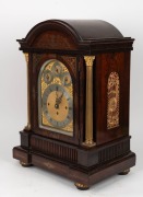 An impressive antique English table clock in rosewood veneered brass inlaid case in the Regency style with gilt Corinthian columns&nbsp;and sunburst arched sound frets to the sides. Substantial&nbsp;three train chain fusee movement, chiming the quarters on eight be - 2