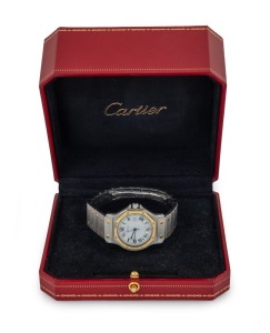 CARTIER "SANTOS OCTAGON" automatic date just wristwatch in stainless steel and 18ct yellow gold case and bracelet with sapphire crown, original box and wallet with booklet