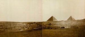 AUSTRALIAN FORCES CAMPED AT THE GREAT PYRAMIDS OF GIZA, EGYPT: Black and white two page albumen panoramic view, 22 x 49.5cm, 44 x 71cm overall