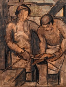 CLIVE STEPHENS (1889-1957), The Metal Workers, watercolour and black ink on paper, signed lower left "Clive Stephens", 30 x 24cm, 51 x 41cm overall