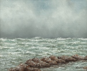 LIN ONUS (1948 - 1996), Stormy Weather, oil on board, signed lower right "Lin Onus", inscription verso "With Love to Vic from Mary Onus, 7-11-88", 24.5 x 29.5cm, 32 x 37cm overall