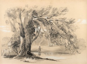 I. BROWN, (untitled sketch of a fisherman in landscape), pencil and watercolour on paper, signed lower left "I. Brown", in antique Tasmanian birdseye huon pine frame with original gilt slip and glass, 25.5 x 35cm, 38.5 x 48cm overall