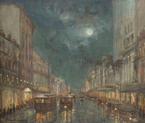 FABIOLA TUOMY (1875-1967), Bourke Street, Wet Night, oil on board, signed lower left "Fabiola Tuomy" and titled verso, 27 x 32cm, 39 x 43cm overall