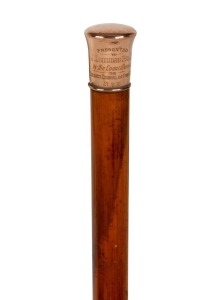 WENDT 9ct gold topped walking stick with Malacca cane shaft and brass ferrule, engraved "PRESENTED TO J. LOMMEN ESQ. J.P. BY THE COUNCILLORS OF THIS DISTRICT COUNCIL OF PORT GERMEIN, 21/3/12", 86.5cm high