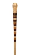 An antique walking stick with carved whale's tooth handle, baleen, casuarina and honeysuckle spacers, on a&nbsp;whalebone shaft, 19th century, 84.5cm high