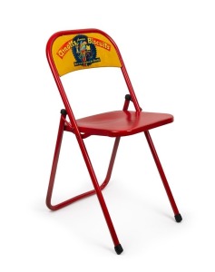 ARNOTT'S FAMOUS BISCUITS vintage folding chair emblazoned with the famous Arnott's rosella in yellow and red, mid 20th century