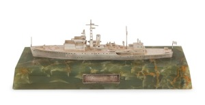 A sterling silver Fleetwood Class model ship mounted on green onyx base, retailed by ASPREY of London, in original box, 25.5cm wide