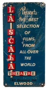 TRAMWAYS tin lithograph vintage sign "LA SCALA THEATRE 147 ORMOND RD. ELWOOD" mid 20th century, 61 x 30cm