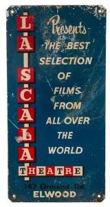 TRAMWAYS tin lithograph vintage sign "LA SCALA THEATRE 147 ORMOND RD. ELWOOD" mid 20th century, ​​​​​​​61 x 30cm