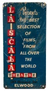 TRAMWAYS tin lithograph vintage sign "LA SCALA THEATRE&nbsp;147 ORMOND RD. ELWOOD" mid 20th century, ​​​​​​​61 x 30cm