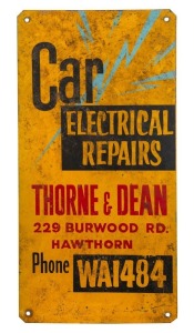 TRAMWAYS tin lithograph double sided vintage sign "KIT KAT" and "THORNE & DEAN CAR ELECTRICAL REPAIRS", mid 20th century, 61 x 30cm  