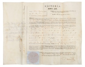 VICTORIA TOWN LOT purchase document for land in present day Carlton with signature and seal of Lieutenant Governor CHARLES LA TROBE, counter signed WILLIAM LONSDALE, 16th May, 1853.Note: Purchased by ROBERT HEPBURN, a major property owner in early Melbour