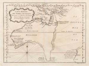 BELLIN, Jacques Nicolas [1703-1772], Carte Reduite Des Terres Australes pour servir a l'histoire des Voyages / par le Sr. Bellin, Ing. de la marine de la Societe Royale de Londres & ca. 1753; 22 x 29.5cm (plate size); framed, 50 x 57cm overall.