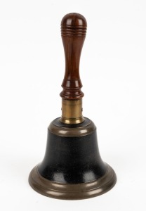 An antique brass bell with ebonised finish and turned wooden handle, 19th century, 33cm high, 18cm diameter