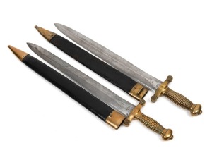 A pair of antique French 1816 pattern artillery Gladius short swords with scabbards in the Roman style, 63cm long