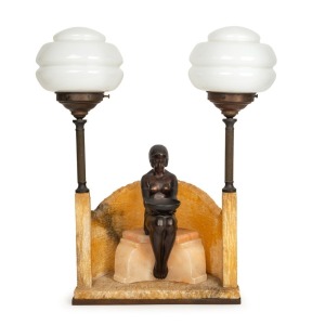 A vintage Art Deco figural twin head lamp, carved alabaster and cast spelter, 20th century, ​​​​​​​45cm high