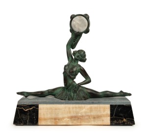 A French Art Deco&nbsp;bronze and marble table lamp with dancing tambourine lady, circa 1930s, 32cm high