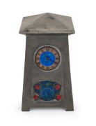 ARCHIBALD&nbsp;KNOX (1864 - 1933) English Arts & Crafts pewter and enamel case table clock with original key, most likely retailed by Liberty & Co. of London, stamped "English Pewter, 0629, Made in England", 18cm high - 2