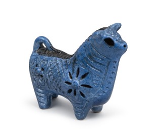 McLAREN blue glazed pottery bull, incised "McLaren", unusual petite size 11.5cm high