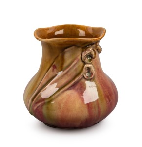 REMUED pink and olive-green glazed pottery jug with applied gumnuts, leaf and twig decoration, incised "Remued", 11.5cm high