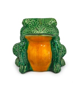 BOSLEY green and yellow glazed pottery frog, impressed "Bosley Ware, Mitcham, South Australia", 16cm high