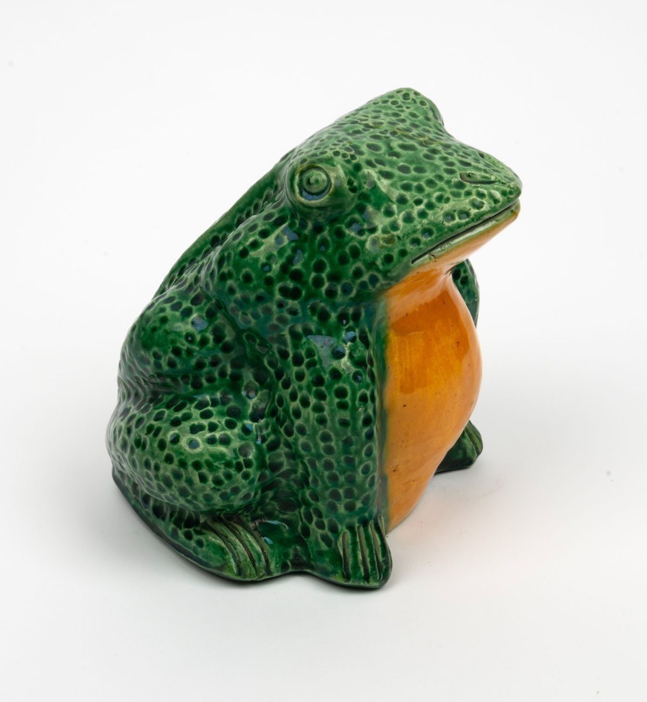 BOSLEY green and yellow glazed pottery frog, impressed Bosley Ware ...