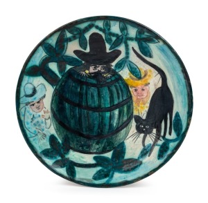 JOHN PERCEVAL & ARTHUR MERRIC BOYD hand-painted pottery charger with black cat and figures, incised "Perceval" and "A. M. B.", 34cm diameter