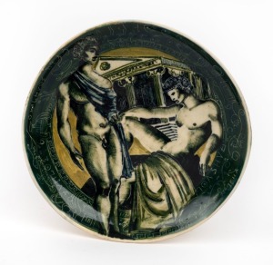 HERMIA BOYD hand-painted pottery dish with Greek classical figures, signed "Hermia", 19.5cm wide