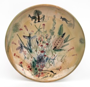 ARTHUR MERRIC BOYD & NEIL DOUGLAS pottery plate with hand-painted wildflowers and kangaroos in landscape, incised "A. M. B." and signed on both front and back "Neil Douglas", 21.5cm diameter