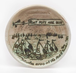 TOM SANDERS pottery plaque titled "Port Potts Are Best, Saturdee Arvo. At The Port", signed "Tom Sanders, '80", 23cm diameter