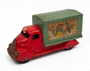 BOOMAROO vintage red and green finished metal toy truck with original decals, (missing wheel and showing signs of age), mid 20th century, 38cm long