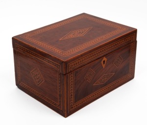 An antique Australian cedar box ornately inlaid with kauri pine, chevrons and barber pole decoration, kauri pine secondary timbers with remains of compartment lift-out tray, original pink silk lining inside the lid, 19th century, 17.5cm high, 31cm wide, 23cm deep