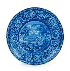 "HOBART TOWN" circa 1825 Staffordshire earthen ware plate with blue & white transfer pattern. (After) George William Evans who originally published the image as a frontispiece to his book on the colony in 1822. Earliest known depiction of Australia on porcelain or earthen ware. Extremely rare & desirable. 23cm diameter