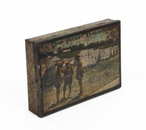 CAMP POCKET CANDLESTICK "A Soldier's Friend" WWI period tin box with photolithograph top and patent date "19.7.15", 12.5cm wide