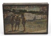 CAMP POCKET CANDLESTICK "A Soldier's Friend" WWI period tin box with photolithograph&nbsp;top and patent date "19.7.15", 12.5cm wide - 2
