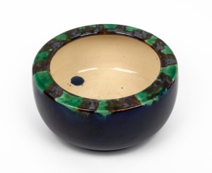 McHUGH rare blue glazed pottery vase with mottled green rim, incised "McHugh, Launceston", 10cm high, 21.5cm diameter