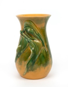 FLORENZ green and yellow glazed pottery vase with applied gum leaf decoration incised "Florenz", 19.5cm high