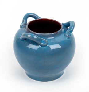 NELL HOLDEN blue and burgundy glazed pottery vase with three applied handles, incised gum leaf mark to base, 14cm high