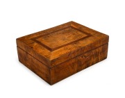 An antique Colonial musk deed box, inlaid with cedar and lined with contemporaneous newspaper, Tasmanian origin, mid 19th century, 12cm high, 33.5cm wide, 25.5cm deep