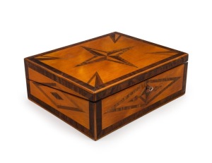 An antique Australian writing box with starburst top, huon pine, blackwood, Queensland walnut and redgum, interior lined with original purple velvet and attractive parquetry decoration, Barossa Valley, South Australian origin, 19th century, 13.5cm high, 37cm wide, 31cm deep