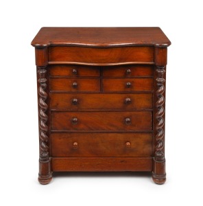 An antique Australian cedar apprentice chest, beautifully crafted with serpentine top, full barley twist columns and eight drawers, original polish and finish throughout, a fine example, circa 1875, 50cm high, 47cm wide, 30cm deep