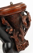 An antique carved timber wall bracket in the manner of Robert Prenzel, with oak leaf and salamander lizard decoration, adorned with intricate monogram, 19th/20th century, 26cm high overall - 3