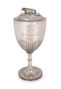 "BACCHUS MARSH AGRICULTURAL SHOW, 10th November 1885, Special Prize Presented By Mess.rs. Peter, Mr Cluskey & Co. For The 3 Best Dairy Cows" silver plated trophy cup and cover with cow finial, 28cm high