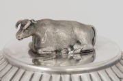 "BACCHUS MARSH AGRICULTURAL SHOW, 10th November 1885, Special Prize Presented By Mess.rs. Peter, Mr Cluskey & Co. For The 3 Best Dairy Cows" silver plated trophy cup and cover with cow finial, ​​​​​​​28cm high - 2